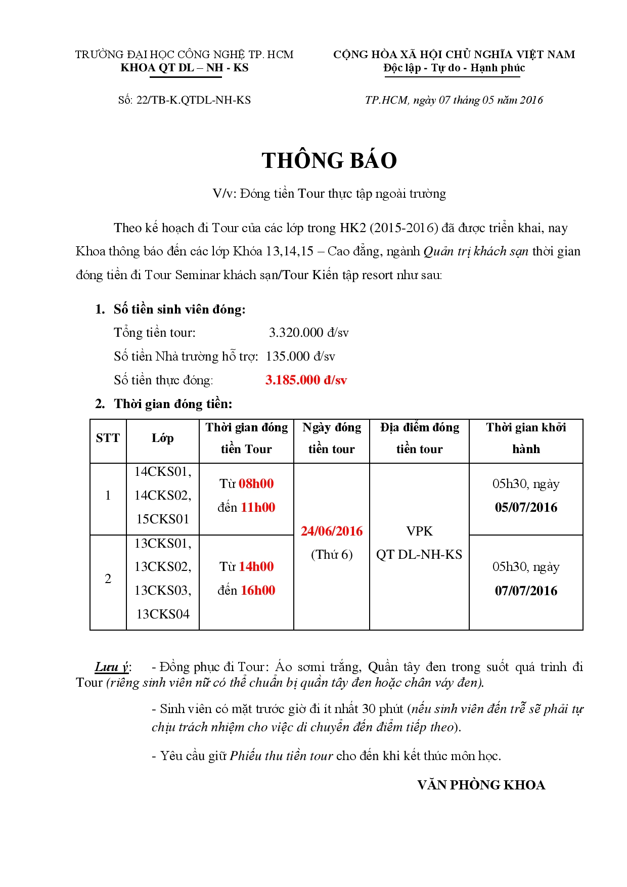 TB về việc đóng tiền đi tour Phan Thiết (Môn Seminar KS1,2 và môn Kiến tập Resort) - Update TG khởi  2