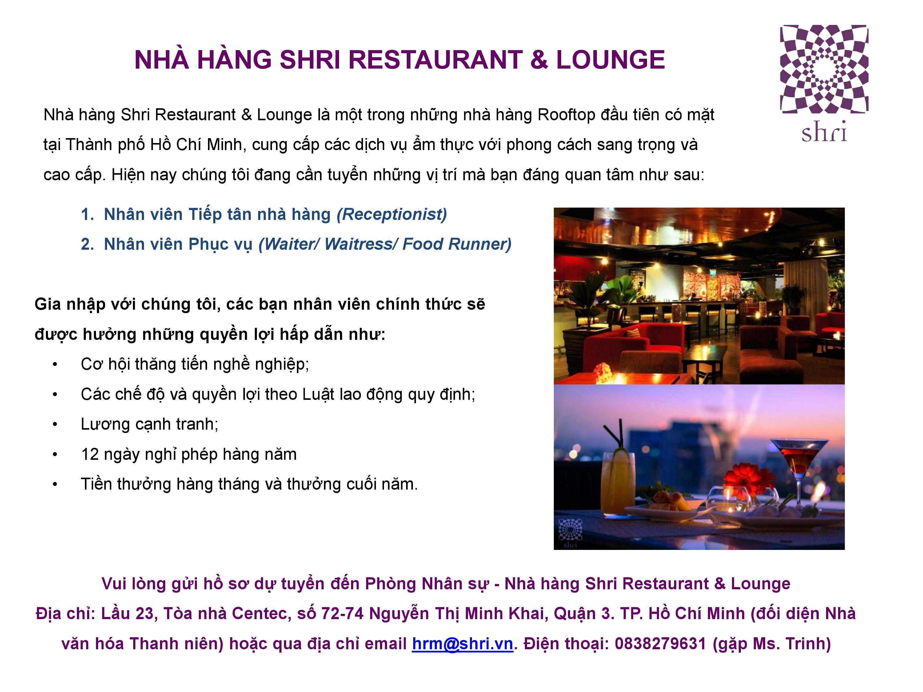 Shri Restaurant & Lounge tuyển dụng 2