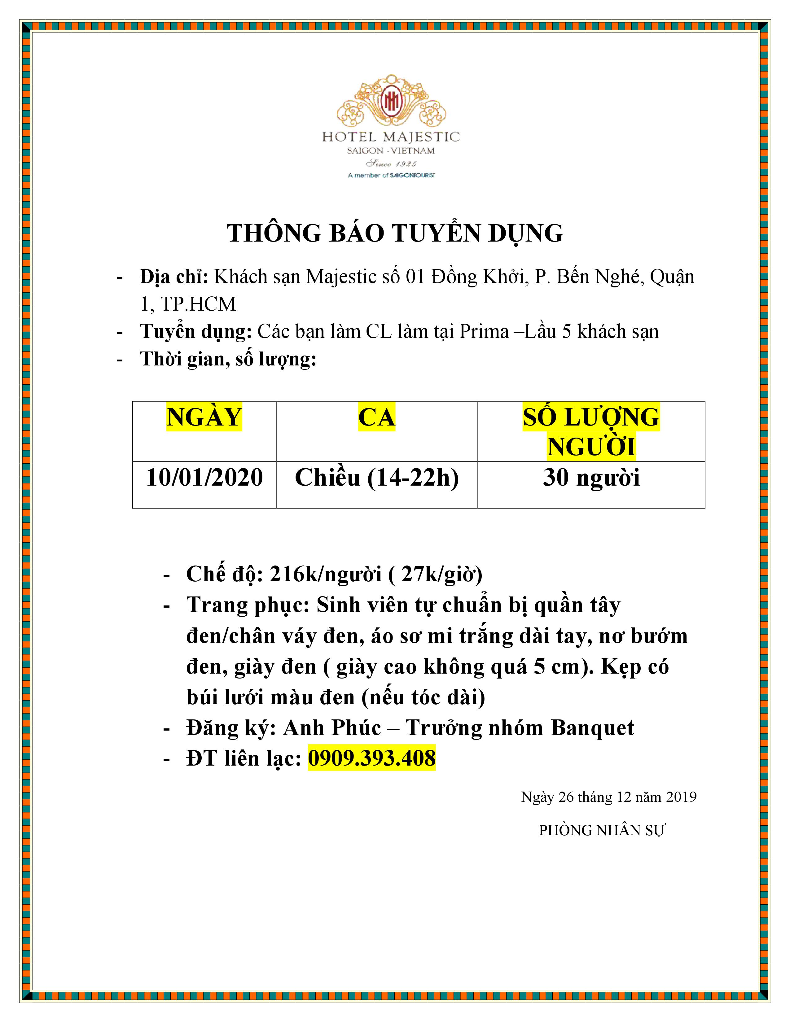 Hotel Majestic Saigon tuyển dụng CL ngày 10/01/2020 2