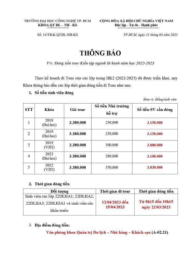 Thông báo đóng tiền tour Kiến tập ngành lữ hành HK2 năm học 2022 - 2023 3