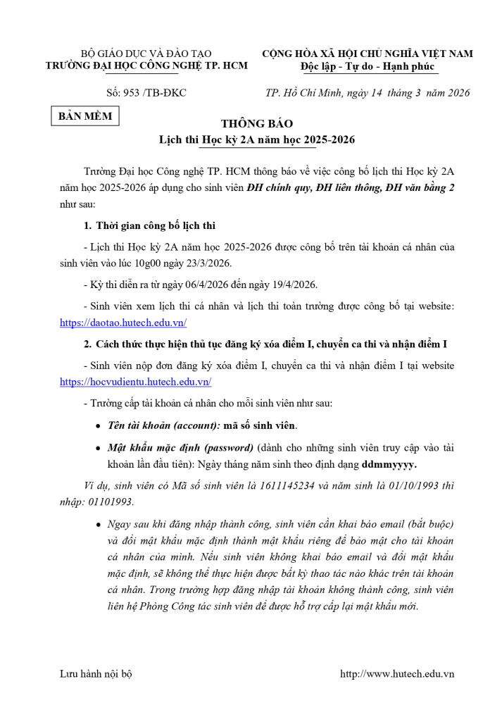 Thông báo lịch thi HK2A năm học 2025-2026 2