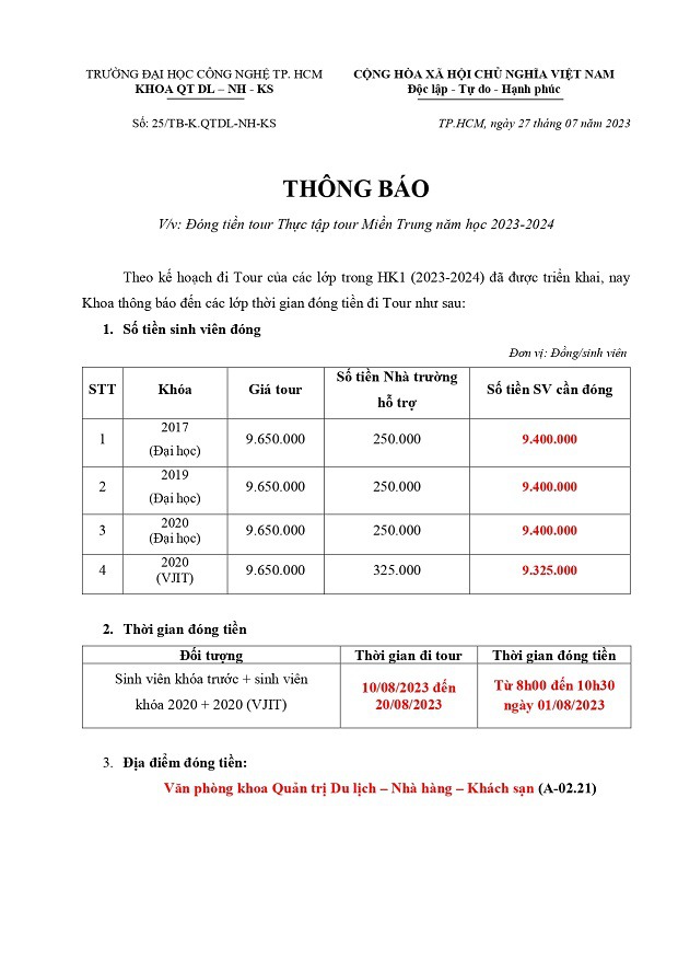 Thông báo đóng tiền tour Thực tập tour Miền Trung HK1 2023-2024 3