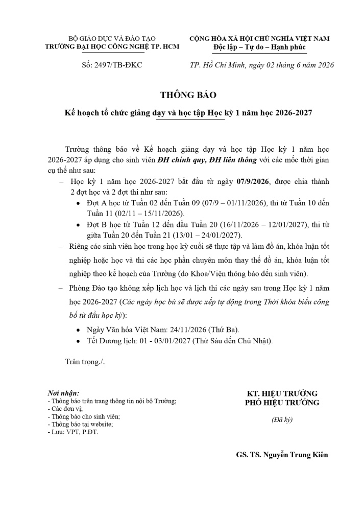 Thông báo Kế hoạch tổ chức giảng dạy và học tập Học kỳ 1 năm học 2026-2027 2