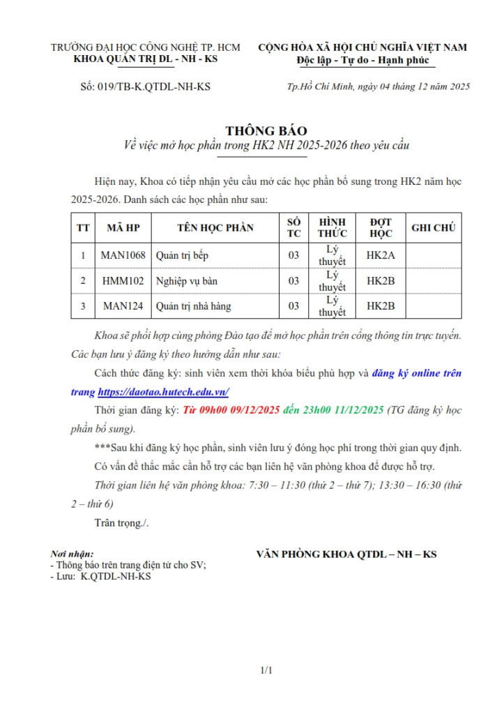 THÔNG BÁO SỐ 019/TB-K.QTDL-NH-KS VỀ VIỆC MỞ BỔ SUNG CÁC LỚP THEO YÊU CẦU TRONG HK2 (2025-2026) 2