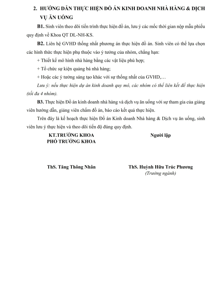 Kế hoạch số 041/KH-K.QTDL-NH-KS về việc thực hiện học phần Đồ án Kinh doanh Nhà hàng và Dịch vụ ăn uống_Update 6