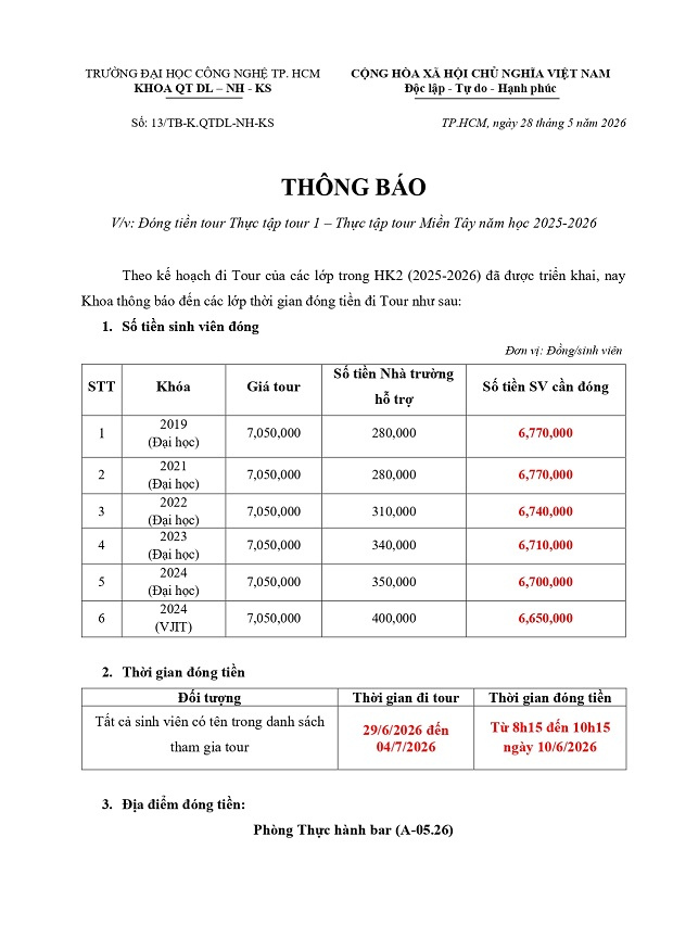 Thông báo đóng tiền tour Thực tập tour 1 - Thực tập tour Miền Tây năm học 2025 - 2026 3