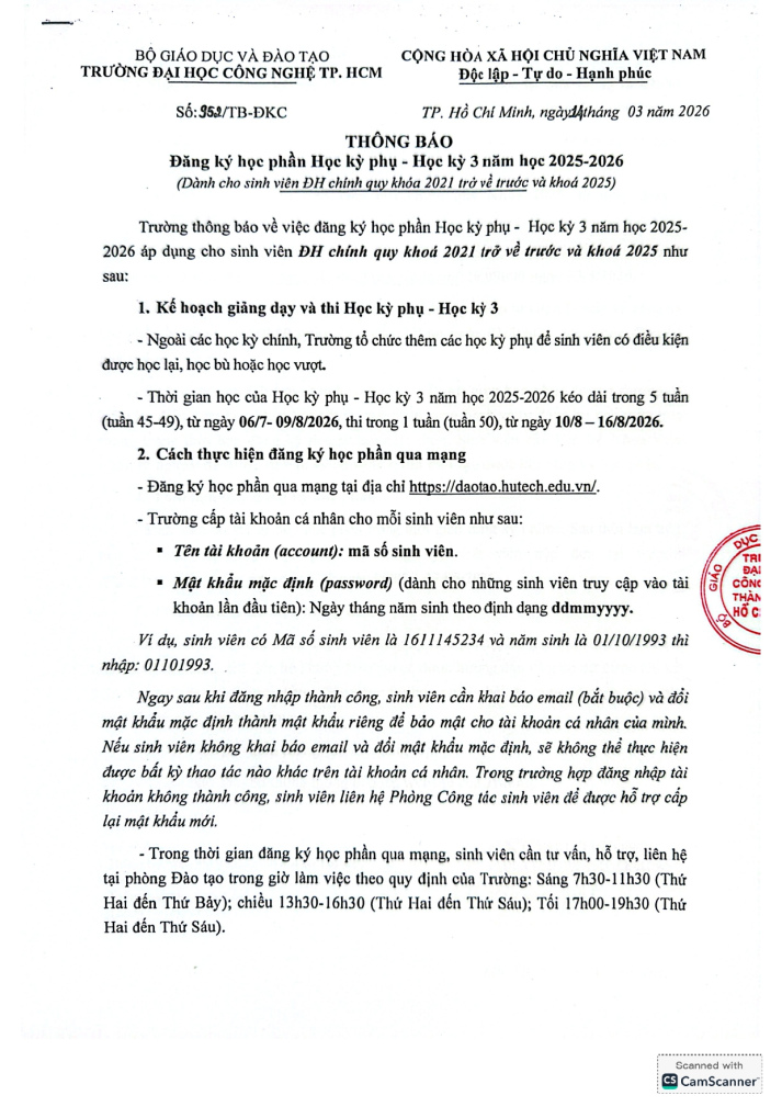 Thông báo đăng ký Học phần HK phụ HK3 2