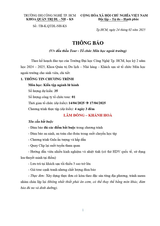 Thông báo đấu thầu tour Kiến tập ngành lữ hành NH 2024-2025 3