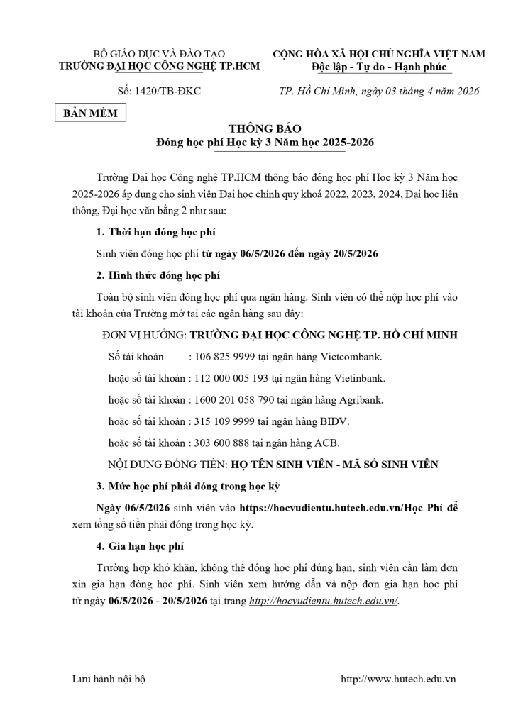 Thông báo đóng học phí Học kỳ 3 Năm học 2025-2026 khóa 2024 trở về trước 2