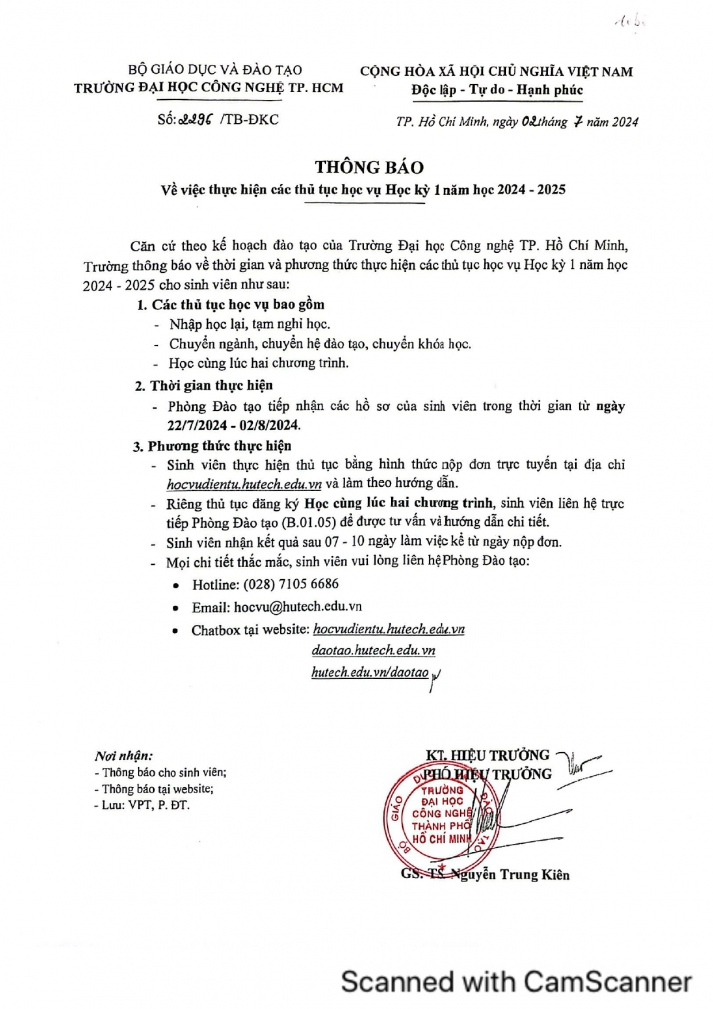 Thông báo về việc thực hiện các thủ tục học vụ Học kỳ 1 năm học 2024-2025 2