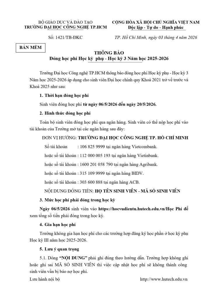 Thông báo đóng học phí Học kỳ phụ Học kỳ 3 Năm học 2025-2026 2
