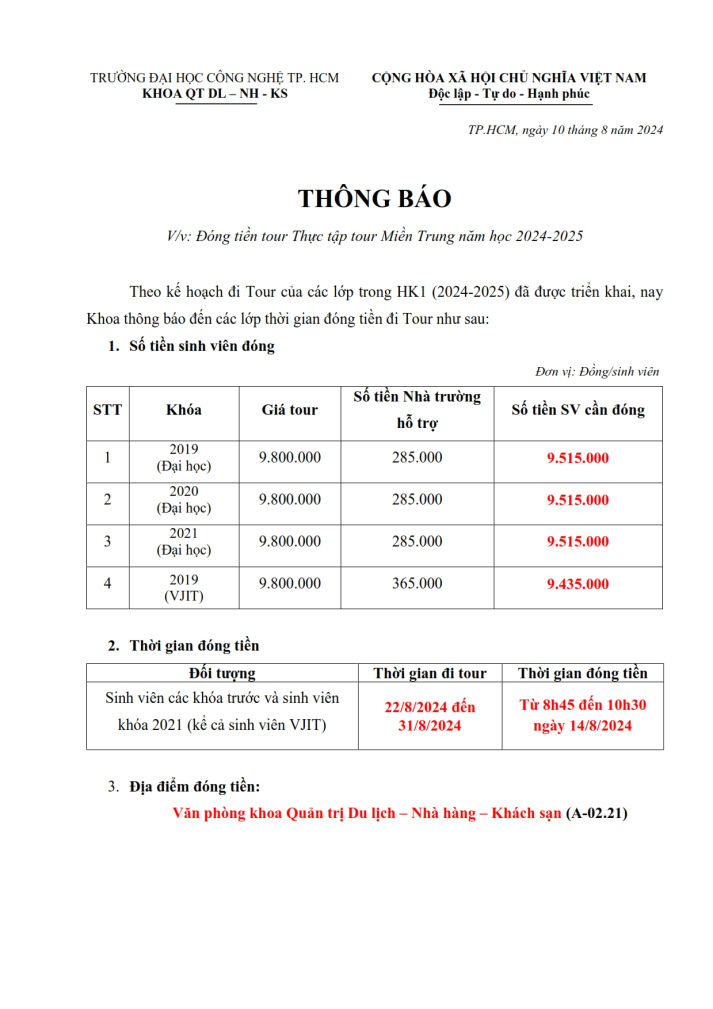Thông báo đóng tiền tour Thực tập tour Miền Trung HK1 2024-2025 4