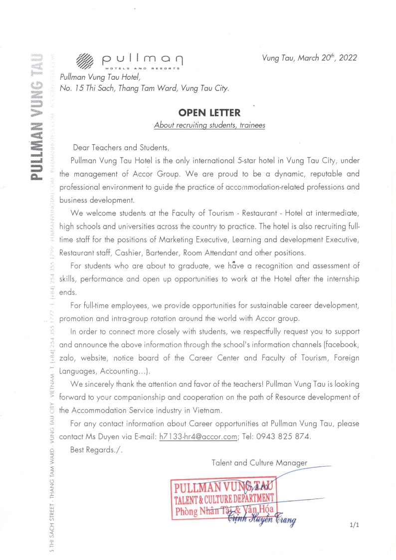 THÔNG BÁO TUYỂN DỤNG THỰC TẬP SINH VÀ NHÂN VIÊN CHÍNH THỨC - KHÁCH SẠN PULLMAN VŨNG TÀU 7