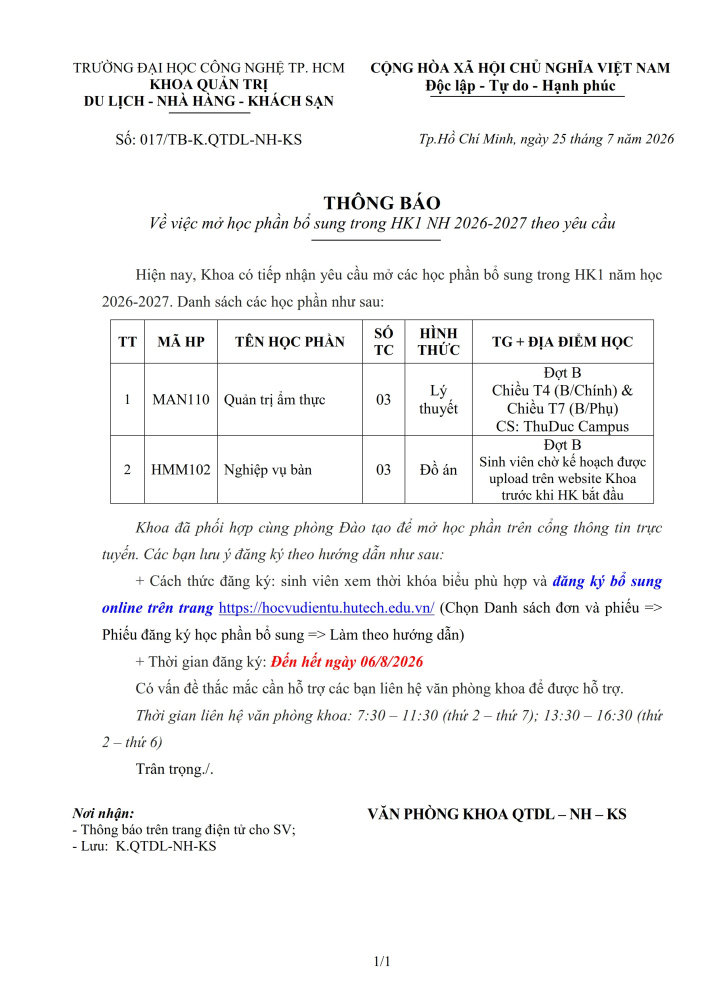 THÔNG BÁO SỐ 017/TB-K.QTDL-NH-KS VỀ VIỆC MỞ BỔ SUNG CÁC LỚP THEO YÊU CẦU TRONG HK1 (2026-2027)_UPDATE 30.7.2026 2