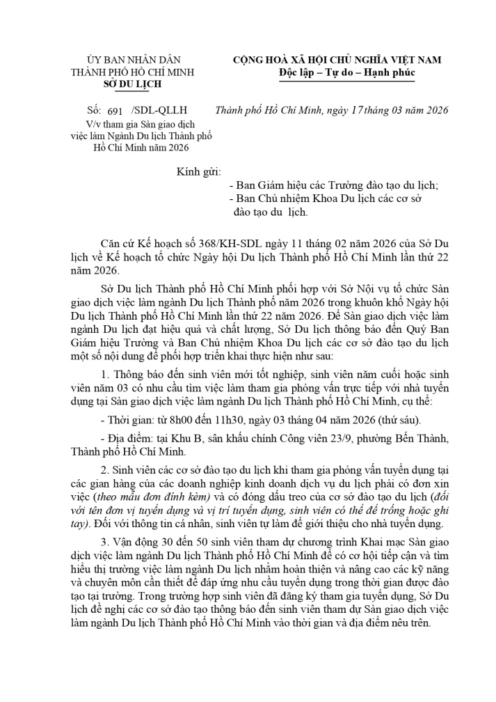 Tham gia Sàn giao dịch việc làm Ngành Du lịch Thành phố Hồ Chí Minh năm 2026 2