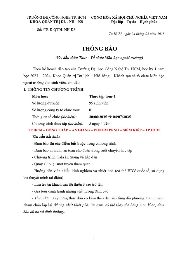 Thông báo đấu thầu tour Thực tập tour 1 NH 2024-2025 3