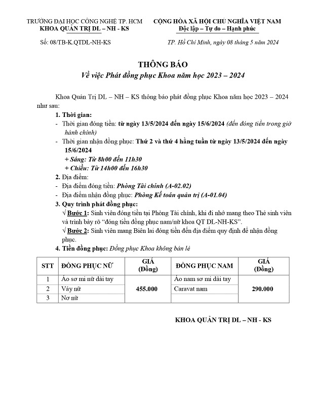 Thông báo về việc phát đồng phục Khoa năm học 2023 – 2024 3