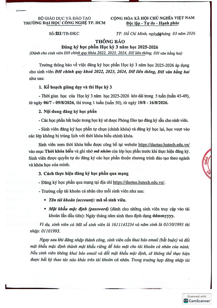 Thông báo đăng ký Học phần HK3 2