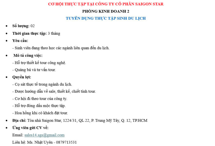 CƠ HỘI THỰC TẬP TẠI CÔNG TY CỔ PHẦN SAIGON STAR 2