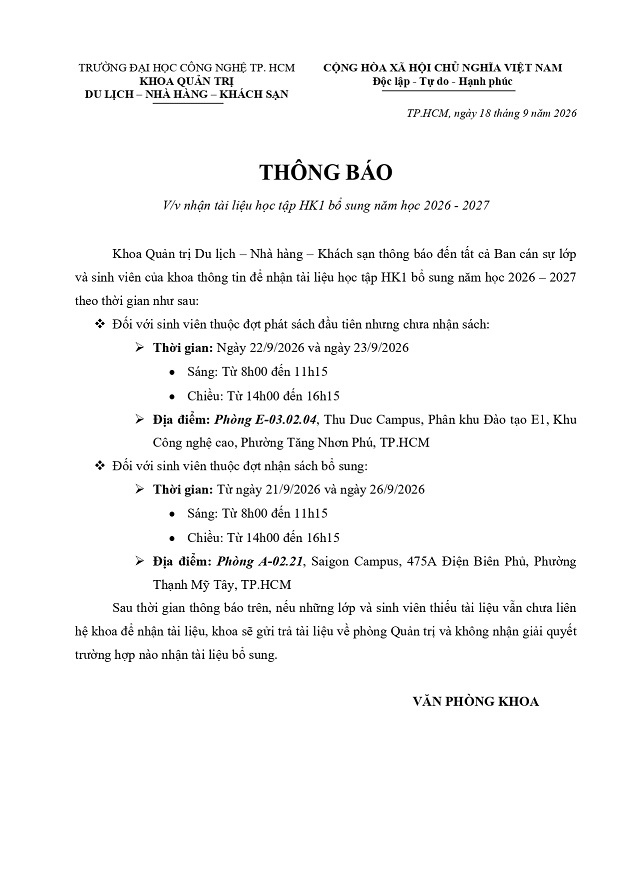 Thông báo nhận tài liệu học tập đợt bổ sung Học kỳ 1 năm học 2026 - 2027 3