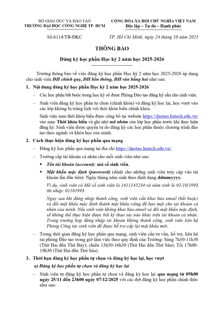 Thông báo V/v đăng ký học phần Học kỳ 2 năm học 2025-2026 2