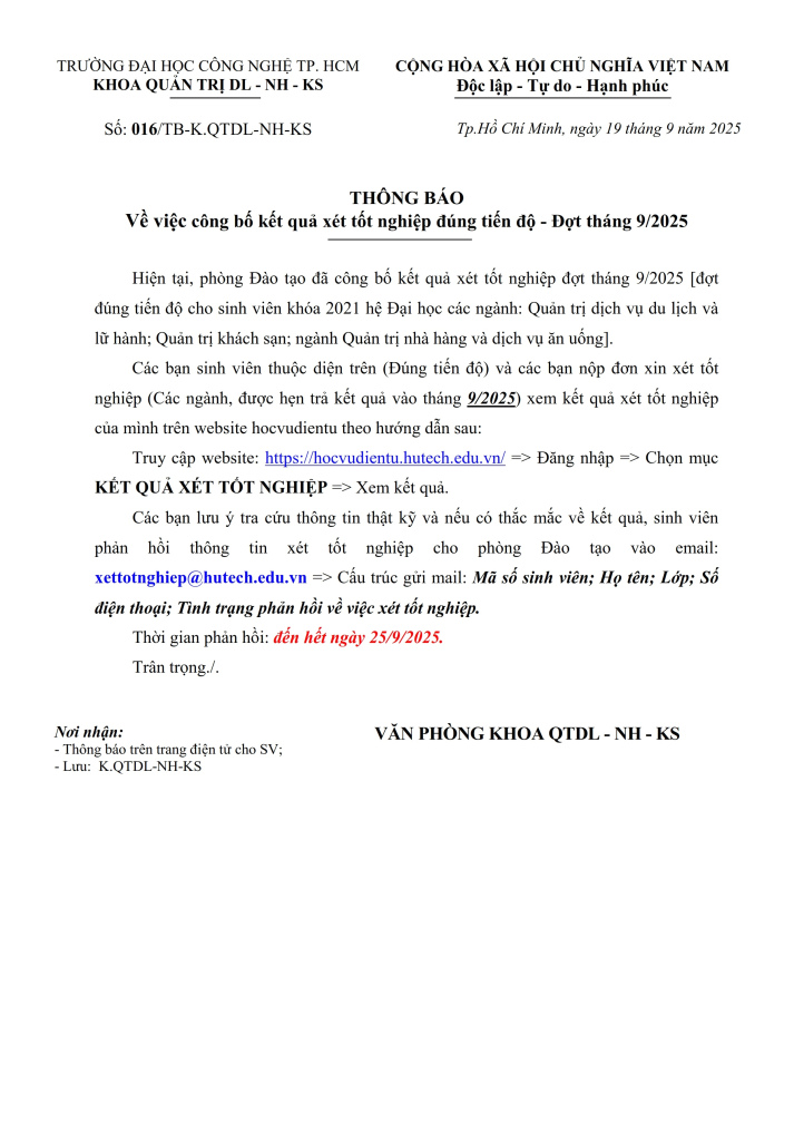 THÔNG BÁO số 016/TB-K.QTDL-NH-KS - Về việc công bố kết quả xét tốt nghiệp đúng tiến độ - Đợt tháng 9/2025 2