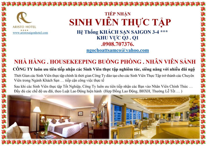 Cơ hội thực tập và làm việc tại ARISTO HOTEL SAIGON 2