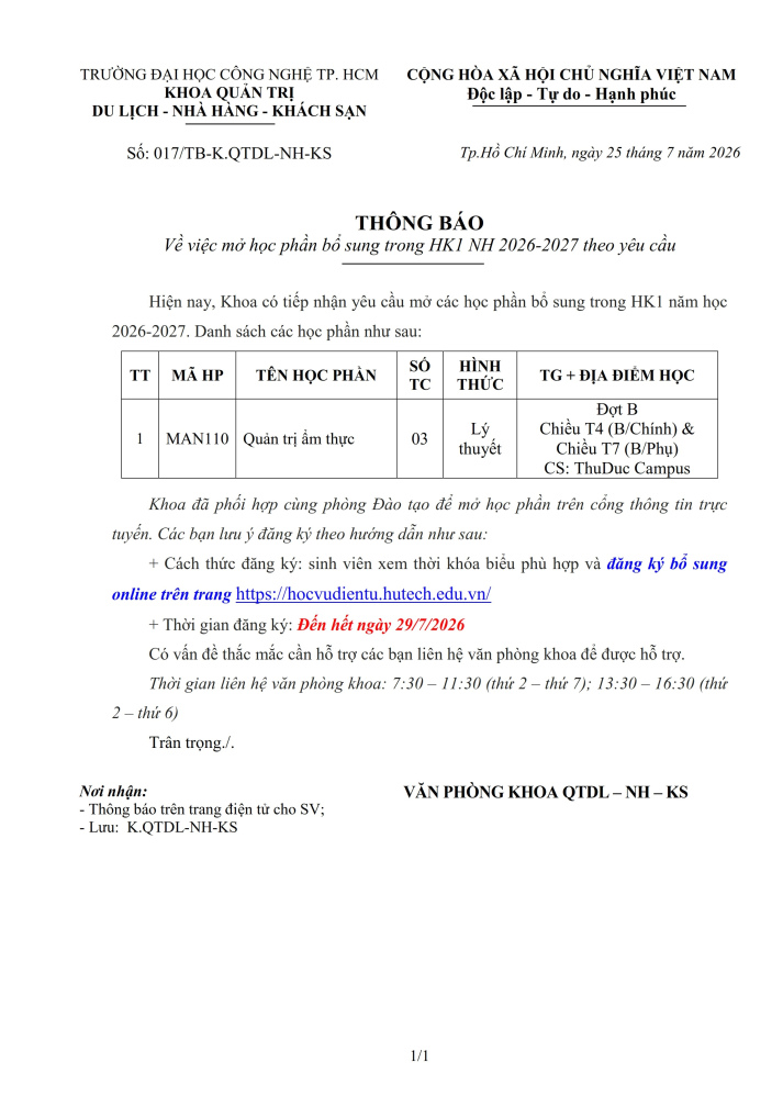 THÔNG BÁO SỐ 017/TB-K.QTDL-NH-KS VỀ VIỆC MỞ BỔ SUNG CÁC LỚP THEO YÊU CẦU TRONG HK1 (2026-2027) 2