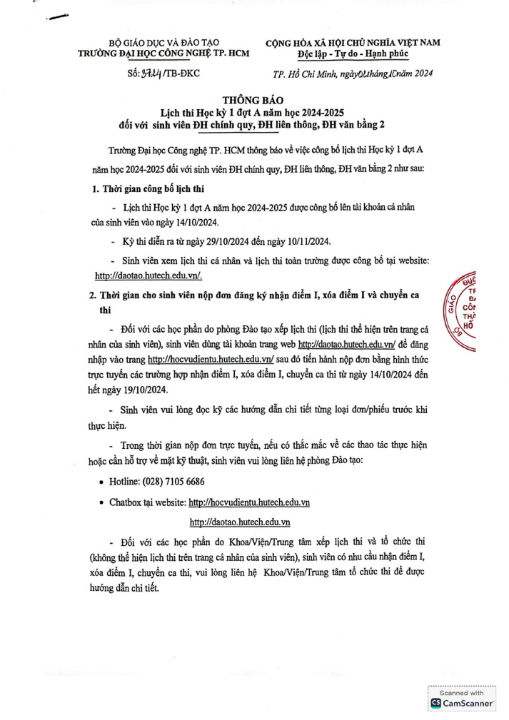 Thông báo lịch thi Học kỳ 1 đợt A năm học 2024-2025 đối với sinh viên ĐH chính quy, ĐH liên thông, ĐH văn bằng 2 2
