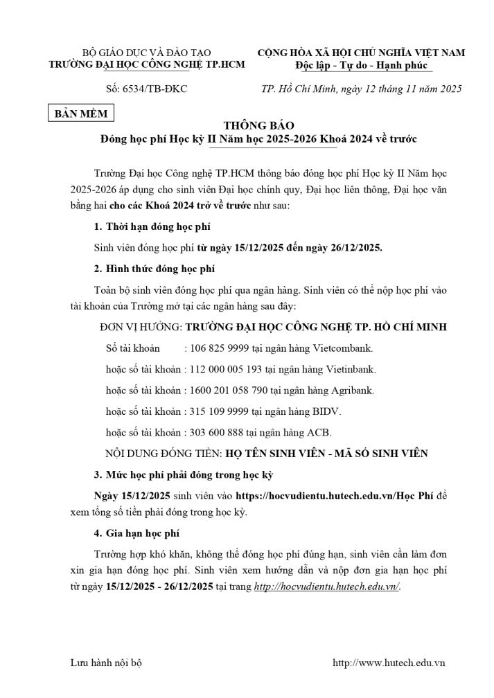 Thông báo đóng học phí Học kỳ II Năm học 2025-2026 Khoá 2024 về trước 2