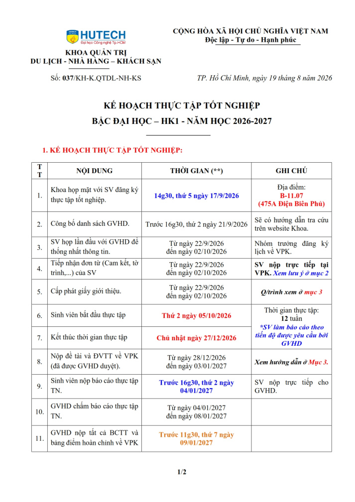 KH số 037/KH-K.QTDL-NH-KS- Kế hoạch thực tập - HK1 - NH 2026-2027_Update phòng họp 2