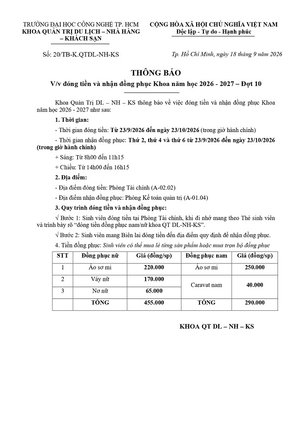 Thông báo đóng tiền và nhận đồng phục Khoa năm học 2026 - 2027 – Đợt 10 3