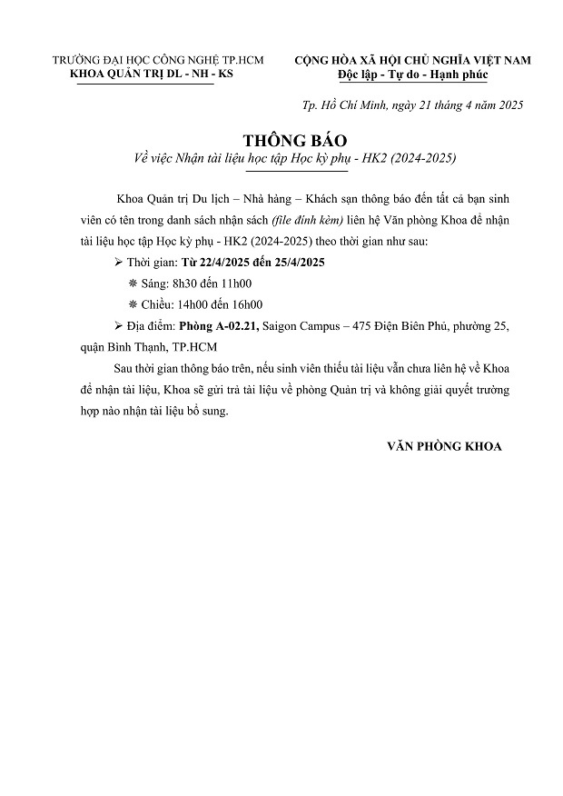 Thông báo nhận Tài liệu học tập Học kỳ phụ - Học kỳ 2 Năm học 2024 - 2025 3