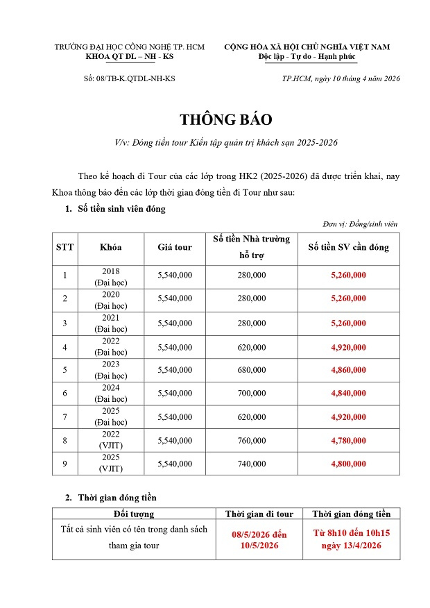 Thông báo đóng tiền tour Kiến tập quản trị khách sạn năm học 2025 - 2026 3