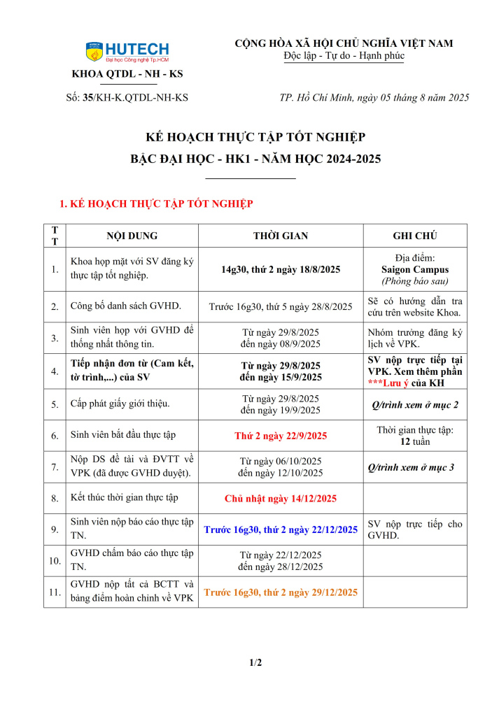 KH số 35/KH-K.QTDL-NH-KS- Kế hoạch thực tập - HK1 - NH 2025-2026 2