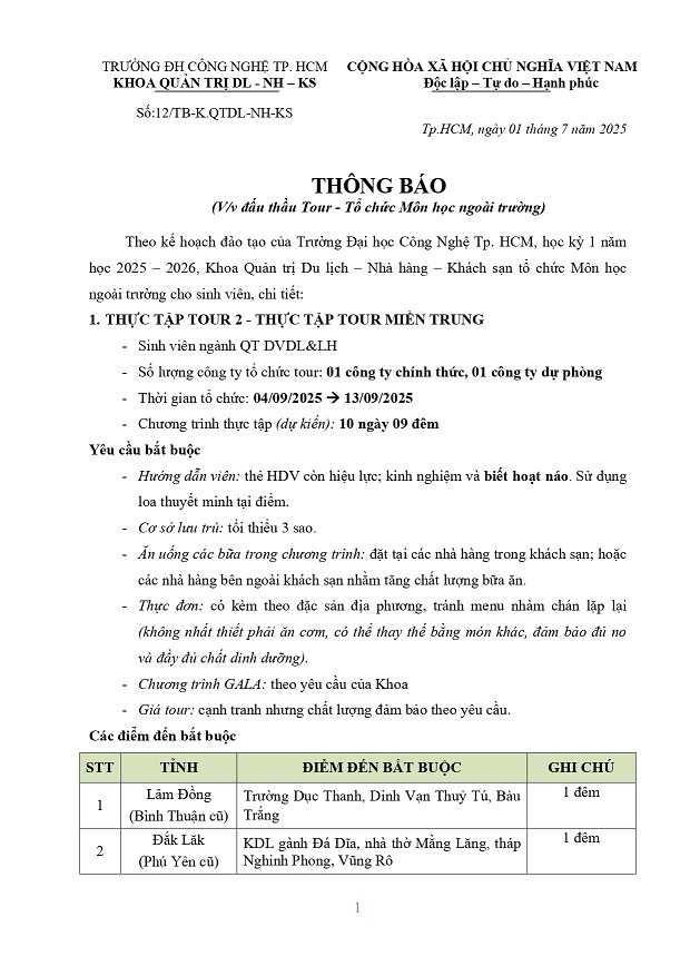 Thông báo đấu thầu tour Thực tập tour 2 - Thực tập tour Miền Trung NH 2025-2026 3