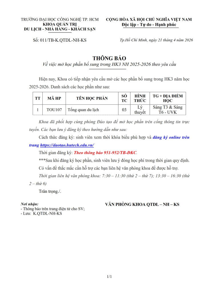 THÔNG BÁO số 011/TB-K.QTDL-NH-KS - Về việc mở bổ sung HP Tổng quan du lịch trong HK3 (2025-2026) 2