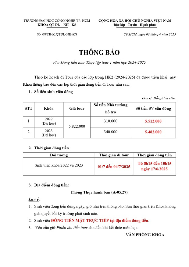 Thông báo đóng tiền tour Thực tập tour 1 HK2 2024-2025 3