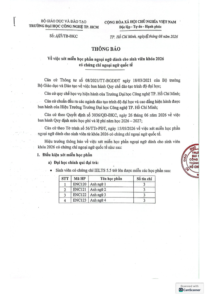 Thông báo về việc miễn học phần ngoại ngữ dành cho sinh viên khoá 2026 có chứng chỉ ngoại ngữ quốc tế 2
