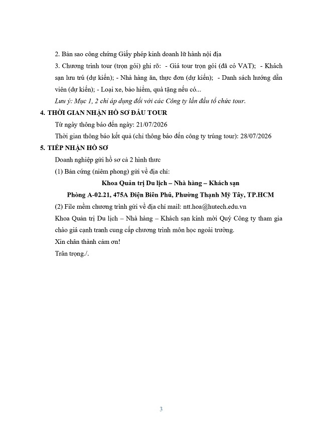 Thông báo đấu thầu Tour Thực tập tour 2 HK1 2026-2027 7