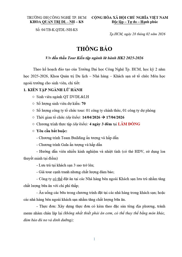 Thông báo đấu thầu Tour Kiến tập ngành lữ hành HK2 2025-2026 3