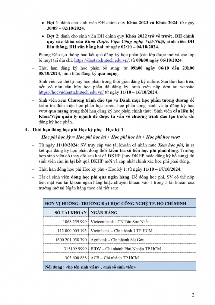 Thông báo V/v đăng ký học phần, đóng học phí Học kỳ phụ - Học kỳ 1 năm học 2024-2025 3