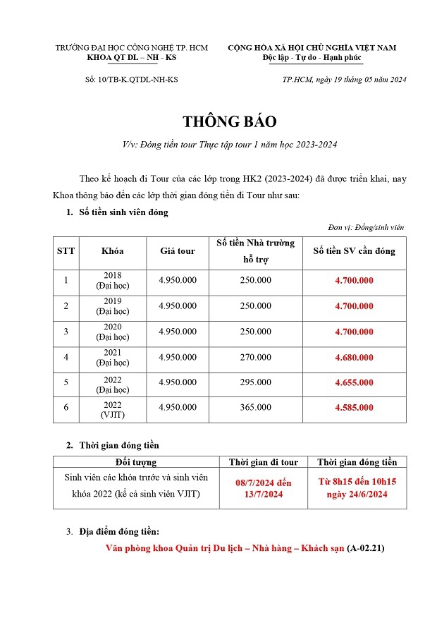 Thông báo đóng tiền tour Thực tập tour 1 - Thực tập tour Miền Tây HK2 năm học 2023-2024 3