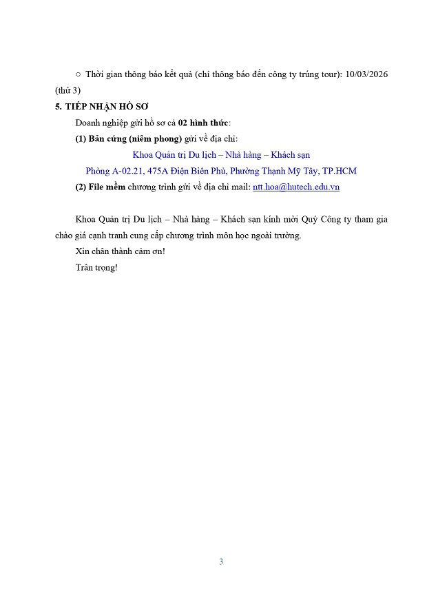 Thông báo đấu thầu Tour Kiến tập ngành lữ hành HK2 2025-2026 7