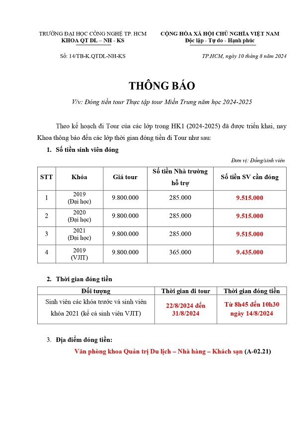 Thông báo đóng tiền tour Thực tập tour Miền Trung HK1 2024-2025 3