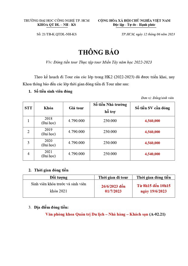 Thông báo đóng tiền tour Thực tập tour Miền Tây HK2 năm học 2022 - 2023 3