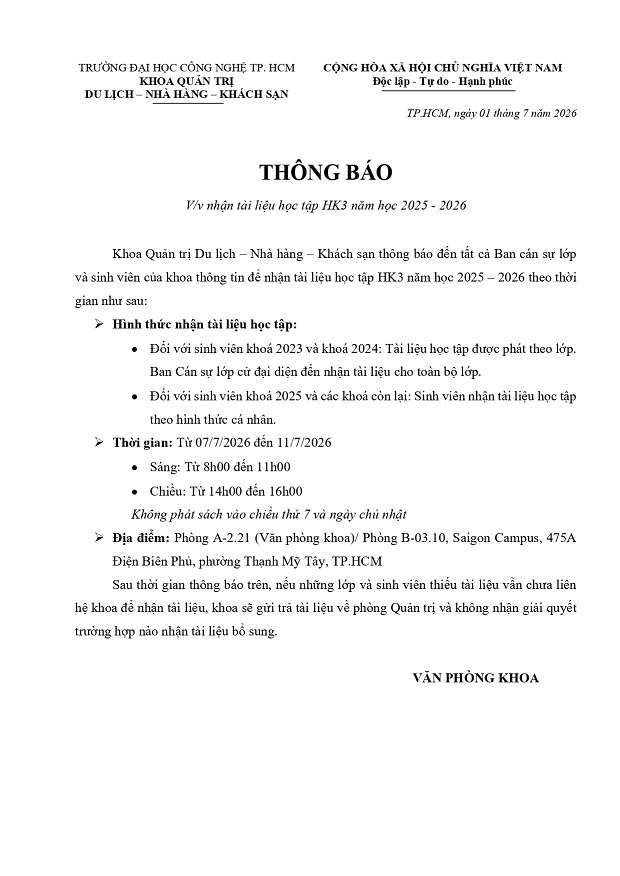Thông báo nhận tài liệu học tập Học kỳ 3 năm học 2025 - 2026 3