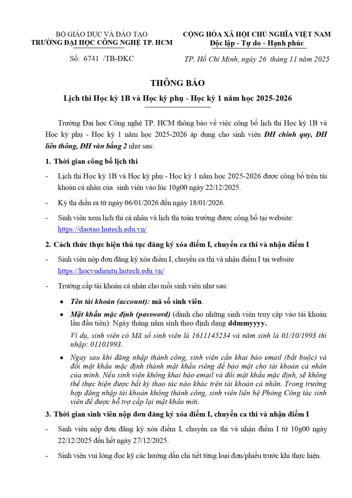 Thông báo Lịch thi Học kỳ 1B và Học kỳ phụ - Học kỳ 1 năm học 2025-2026 2