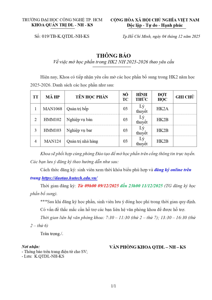 THÔNG BÁO SỐ 019/TB-K.QTDL-NH-KS VỀ VIỆC MỞ BỔ SUNG CÁC LỚP THEO YÊU CẦU TRONG HK2 (2025-2026) 2