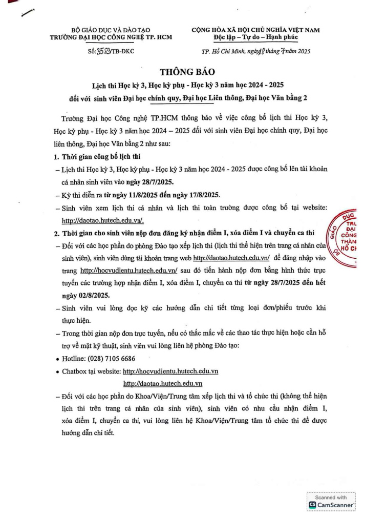 Lịch thi học kỳ 3, học kỳ phụ  - học kỳ 3 năm học 2024-2025 đối với sinh viên Đại học chính quy, Đại học liên thông, Đại học văn bằng 2 3